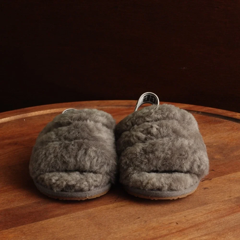 UGG Slippers Toddler SZ 10 Gray Fluff Yeah Slingback Fur Lined Cozy Winter Flat